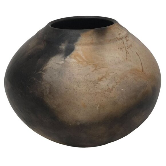 Studio Earthenware Pottery Signed M.Borg Round Vase 4.25" high Brown Leaf Design - Picture 9 of 12